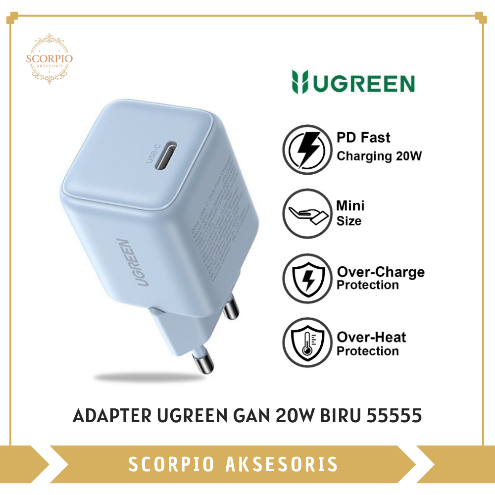 UGREEN Adapter GAN 20W PD Fast Charger Blue – Overcharge & Overheat Protection 55555