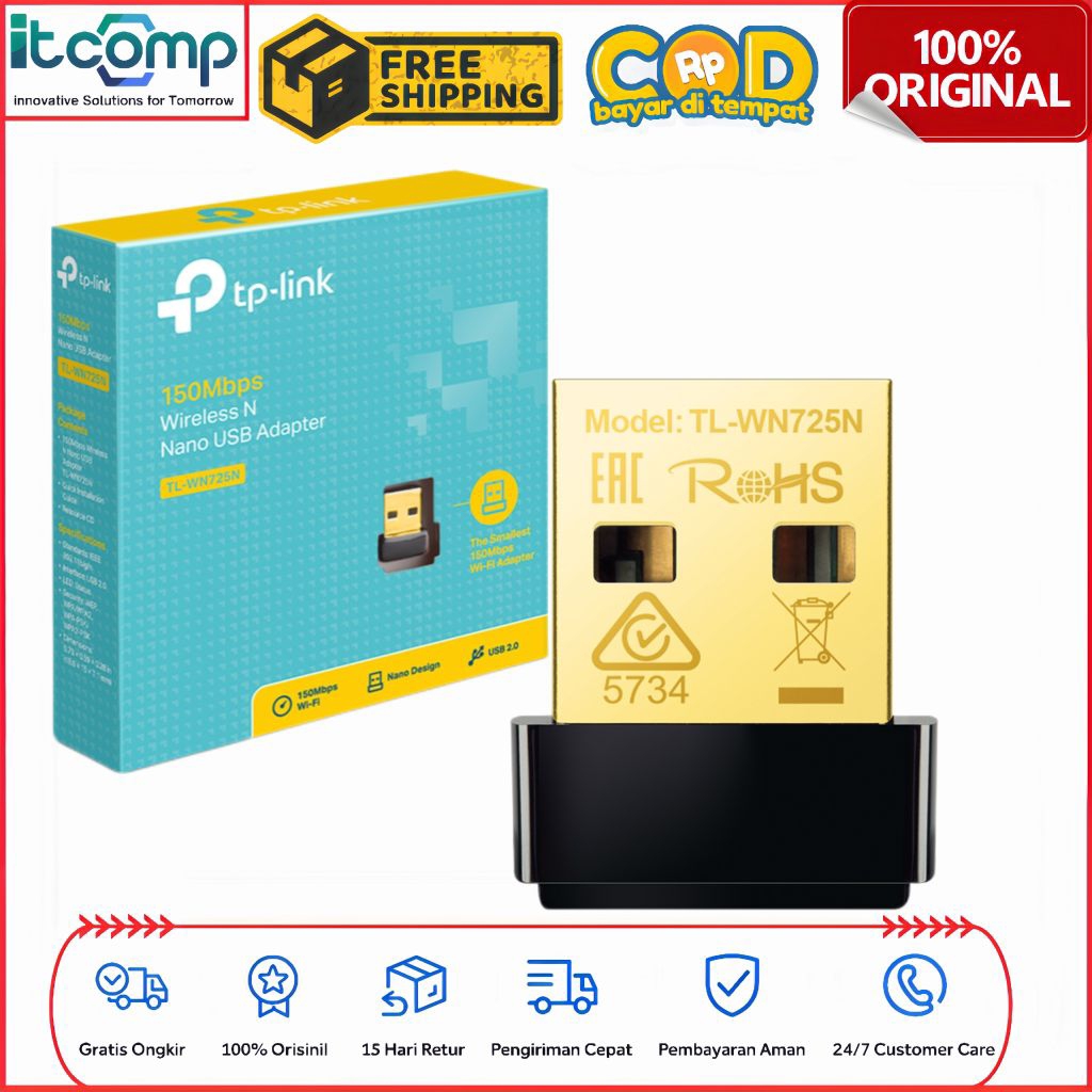 TP-Link TL-WN725N Wi-Fi 4 150Mbps Wireless N Nano USB 2.0 Gold Adapter