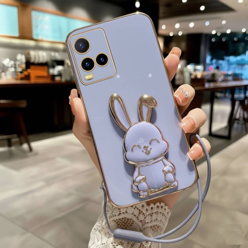 Soft Case Vivo Y21 Y21s Y21a Y21T Y33T Y33S Casing Luxury 6D Plating Cute Bunny Holder ฟรีสายรัดเชือ