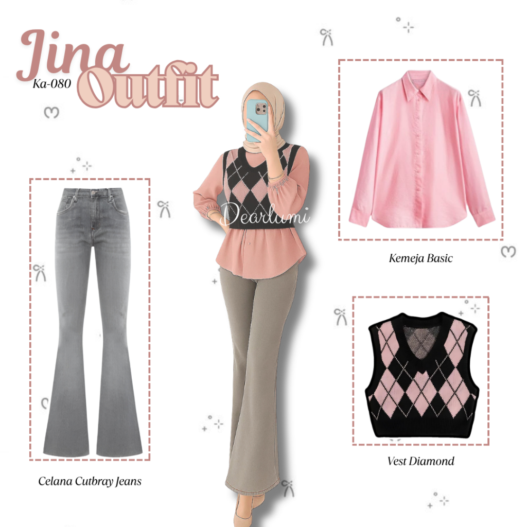 KEMEJA Dearlumi - Jina Outfit Set Casual Korean Style American School (Basic Shirt + Diamond Vest + 