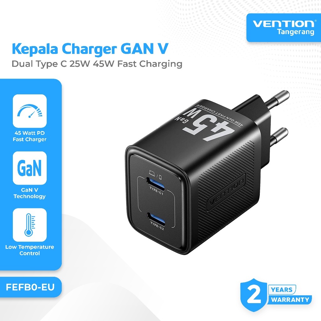 VENTION FEFB0-EU Charger Head Adapter GAN V Technology Dual Type C 45W Super Fast Charging PD Power 