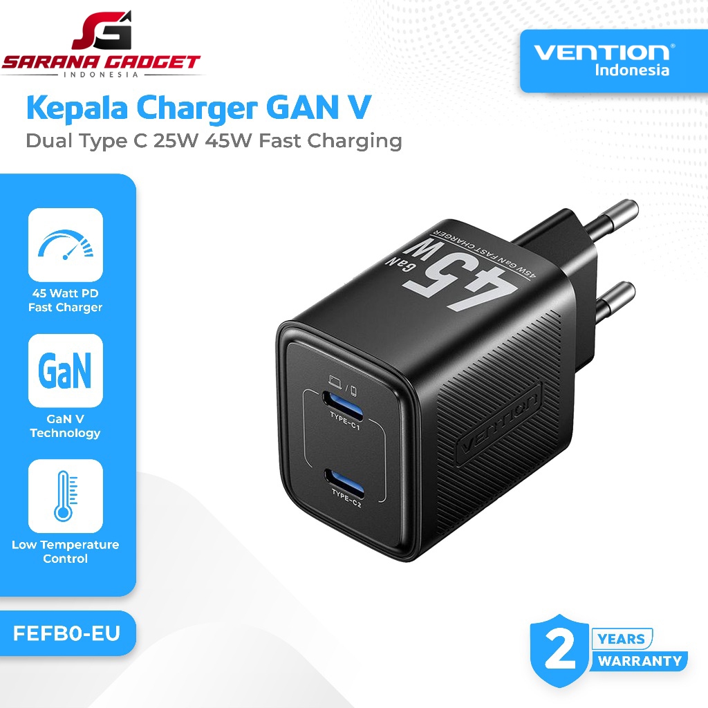 VENTION FEFB0-EU Charger Head Adapter GAN V Technology Dual Type C 45W Super Fast Charging PD Power 