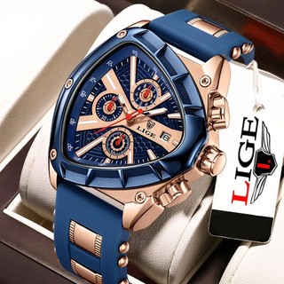 LIGE Watch Pria Asli Bisnis Quartz Watches Silicone Strap Sport Chronograph Wristwatch Pasangan Watpreat Luminous Triangle Watches