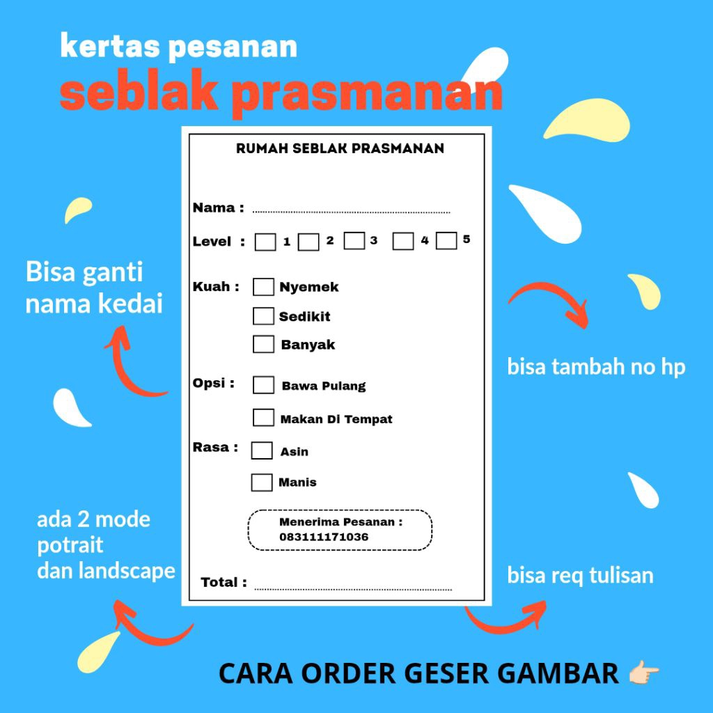(100ชิ้น) กระดาษข้อความบุฟเฟ่ต์ seblak / กระดาษการสั่งซื้อ seblak / กระดาษสั่งซื้อ