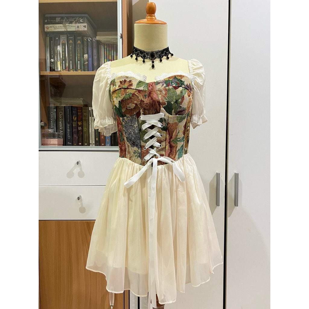 Tapestry Corset Dress Elegant เรียบง่ายน่ารัก Coquette Cottagecore