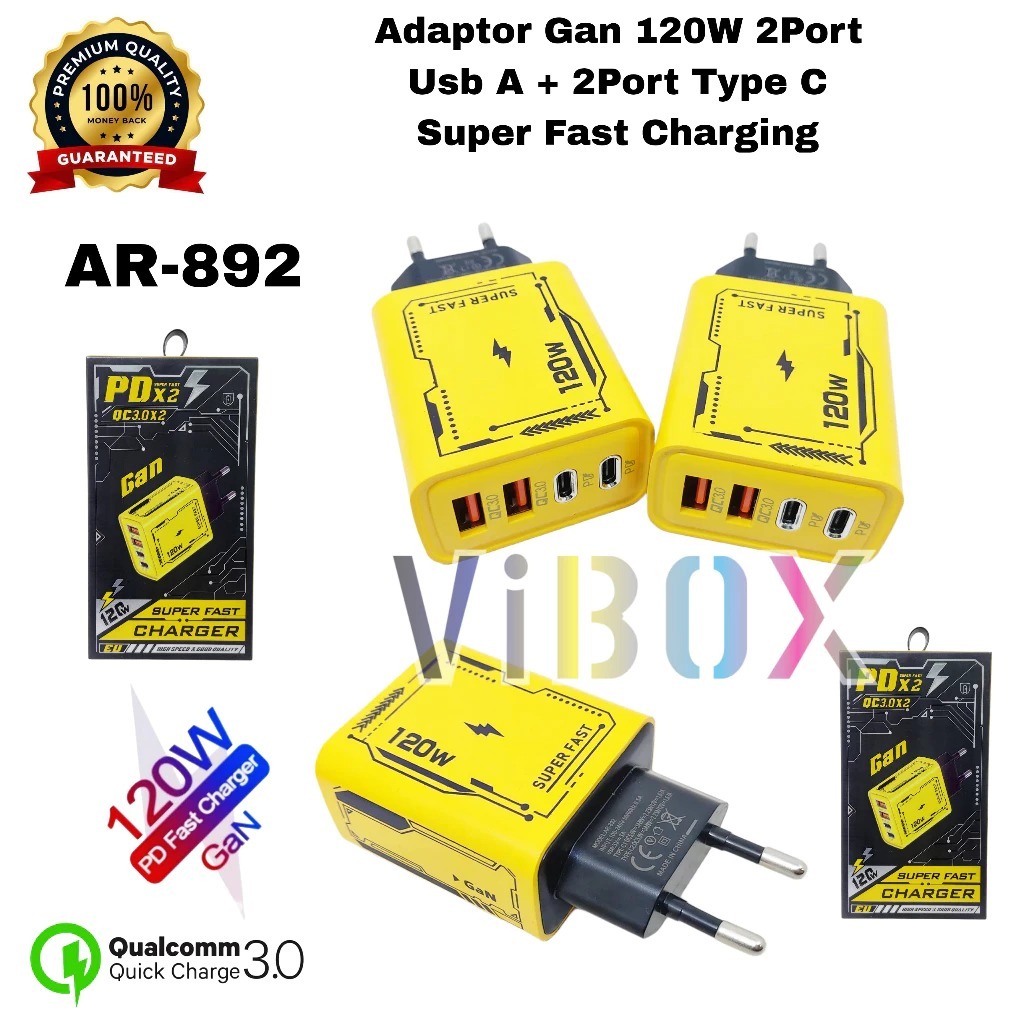 Vibox อะแดปเตอร์ Batok AR-892 Gan 120W 4 พอร์ตปลั๊ก USB Cube ความเร็วสูง 2 USB-A + 2 USB-C อะแดปเตอร