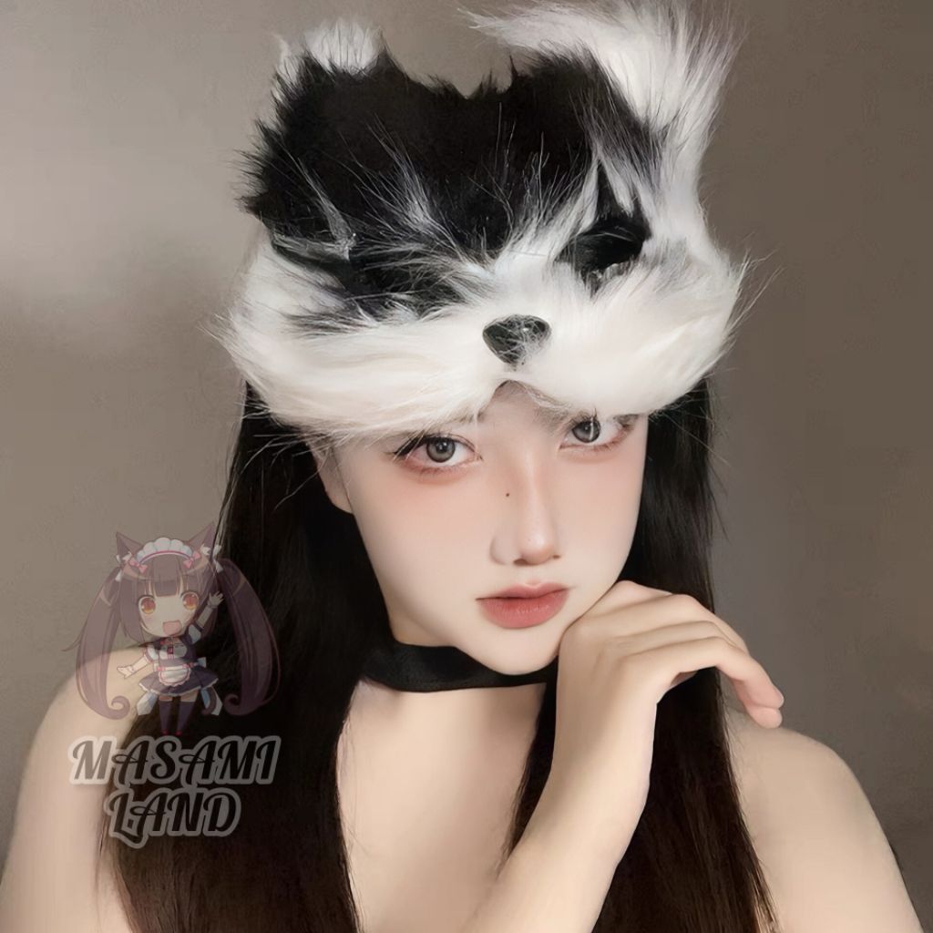 Kitsune Monochrome Mask Masami Land Fur / Kitsune Fox Fur Mask สําหรับฮาโลวีน / Fox Fur Mask / อะนิเ