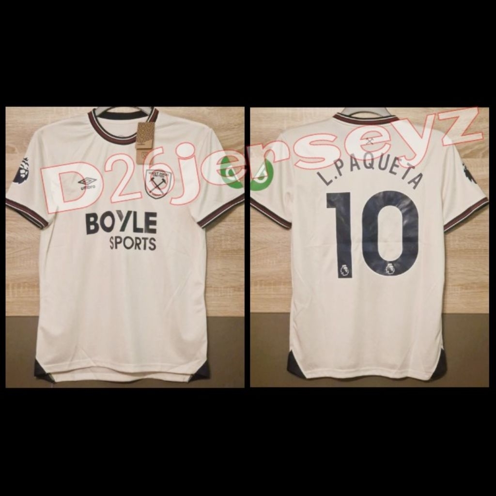 WestT_ HamM_ Away Jersey 2025 / 2026 + Print Nameset L. PAQUETA 10 / กําหนดเองเหมือนแบบอักษรอย่างเป็