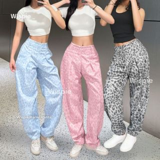 Wispie Barrel Pants | Celana High Waist Barel Wanita Leopard Pink Biru Motif