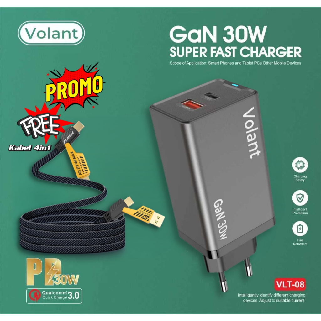UNIQUE Volant Charger Adapter 30W GaN Dual Port VLT-08 Volant Charger 30W GaN Super Fast Charging VL