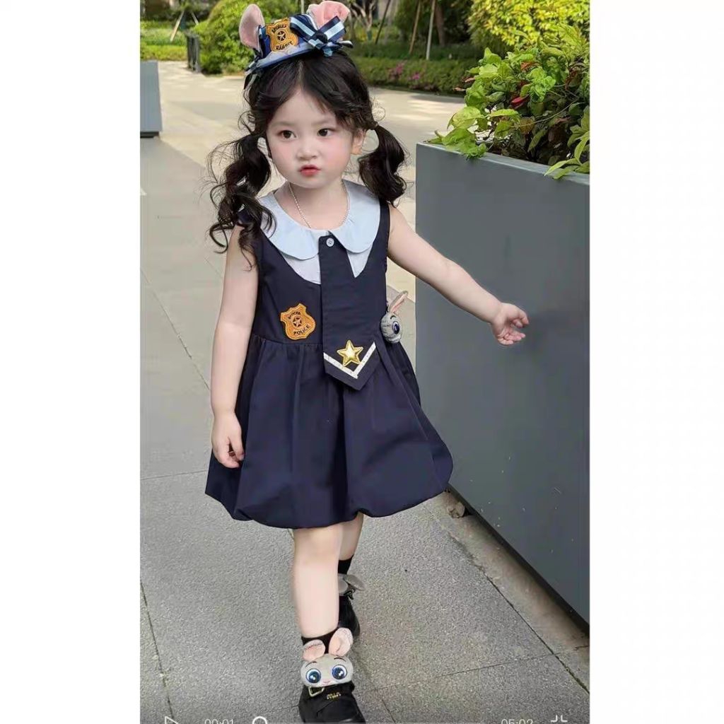 ชุดเดรสเด็กพร้อมเนคไทชุดนักเรียน zootopia เสื้อผ้านักเรียนตํารวจ 6mo-8th