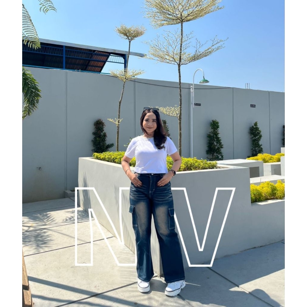 Highwaist Baggy Cargo Jeans Retro Whisker Loose Baggy Cargo Jeans สําหรับผู้หญิง