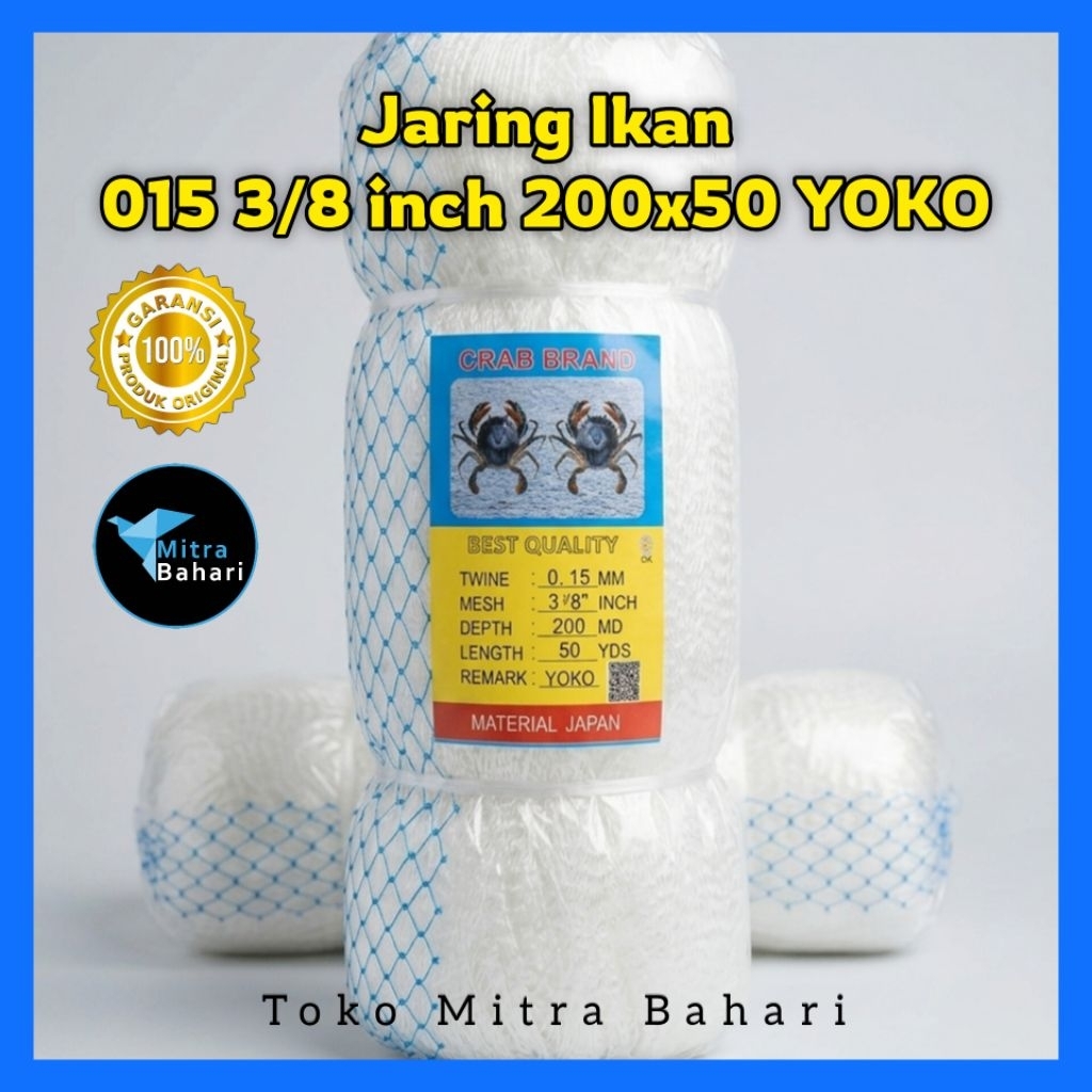 MATA FISHING NET 015 3/8 INCH 200X50 YOKO (STANDING EYES) CRAB BRAND NET | 3/8 นิ้ว สุทธิ
