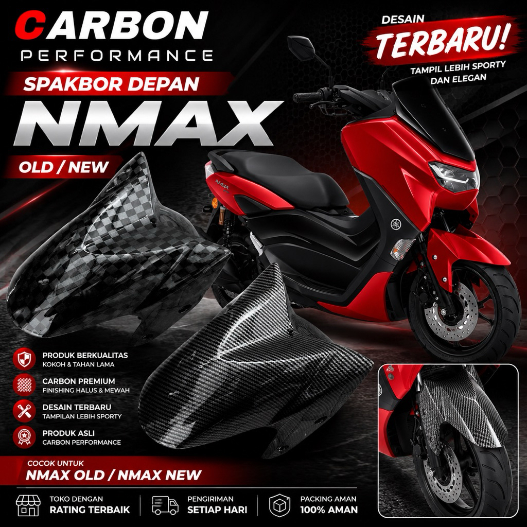 ด้านหน้า FENDER คาร์บอน FRONT FENDER สําหรับ NMAX OLD 2DP 2015-2019 NMAX ใหม่ 2020-2023 สีดํา CARBON GLOSSY CHESS VARIATION