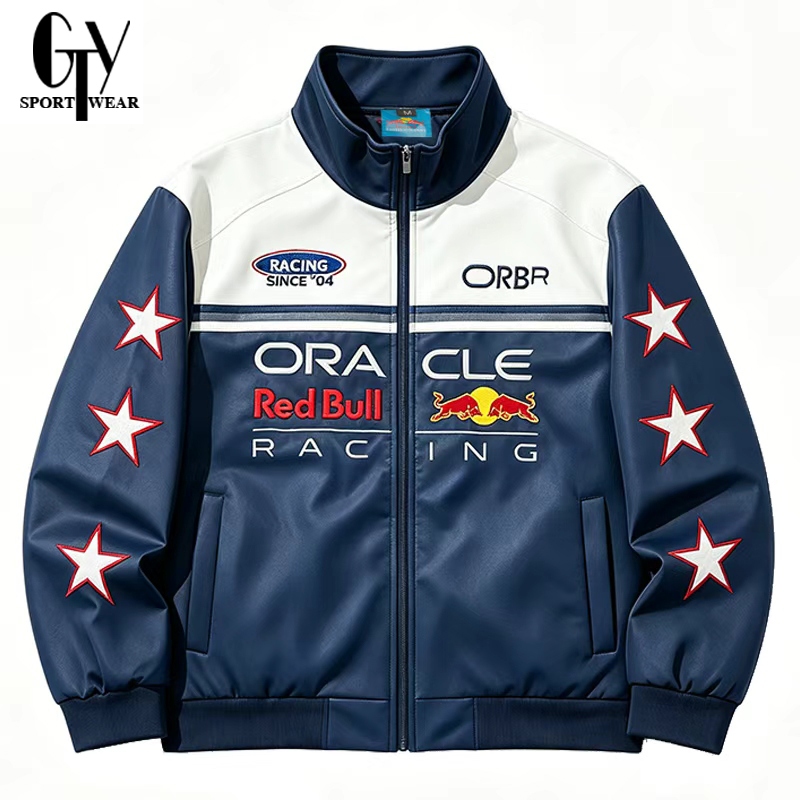 GTY เสื้อแจ็คเก็ตหนังผู้ชาย RedBull F1 Racing เย็บปักถักร้อย Retro กีฬา Windbreaker Jacket มีซิป