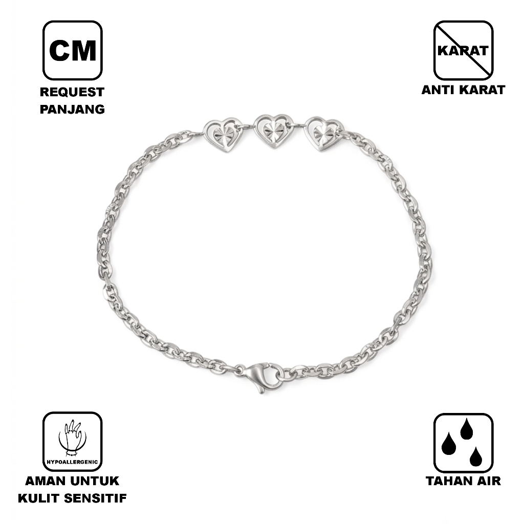 Triple Heart Gelang Stainless Steel Wanita Pria Couple Bracelet Minimalis Aesthetic Korea Fashion An