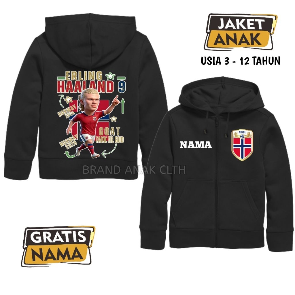 HAALAND NORWEGIA เสื้อแจ็คเก็ตซิปมีฮู้ดเด็ก - เสื้อแจ็คเก็ตชื่อ Erling Haaland Norwegia