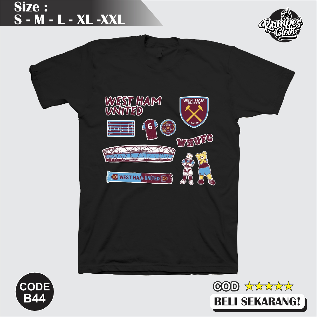 เสื้อยืด West Ham United Distro - เสื้อยืด West Ham - เสื้อยืดผ้าฝ้าย Combed Premium 30s B44