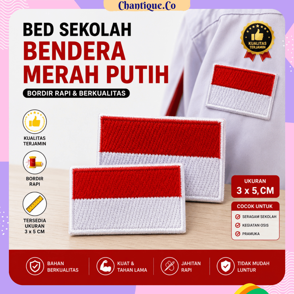 MERAH สัญลักษณ์เตียงธงปักสีแดงและสีขาว / โลโก้ธง Bet 3x5 ซม.