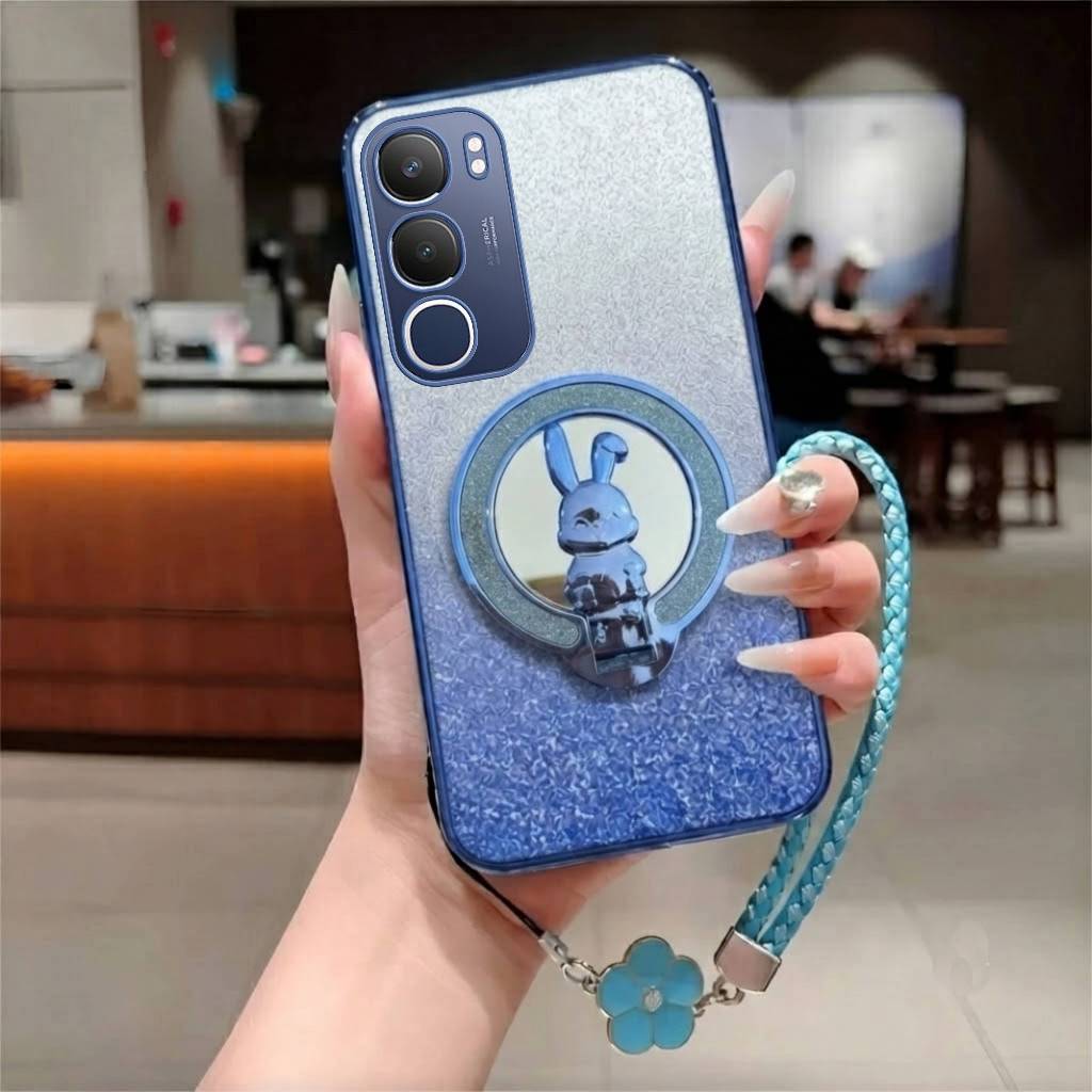 Softcase Vivo Y29 5G Y29s Case Luxury Glitter RIng Rabbit Motif Mirror Glass Free Strap Flowrs