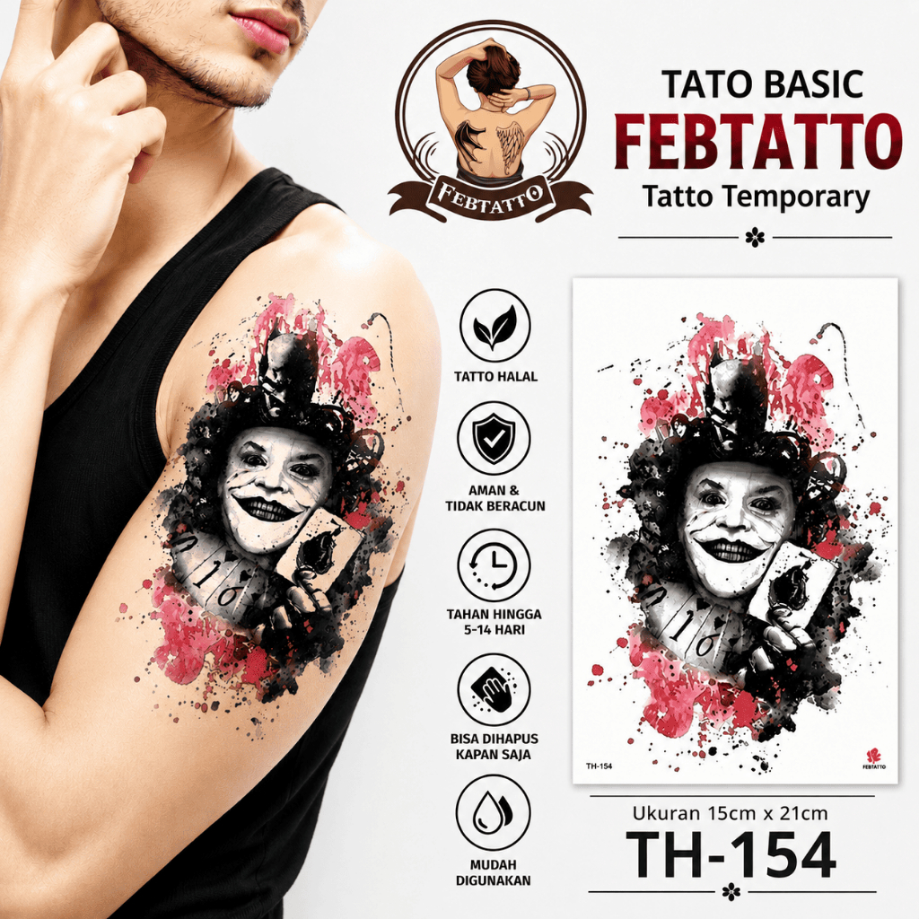 Basic ชั่วคราว Tattoo สติกเกอร์ 15x21 ซม.ฮาลาลติดทนนานชั่วคราว Tattoo joker การ์ดโป๊กเกอร์ TH 154