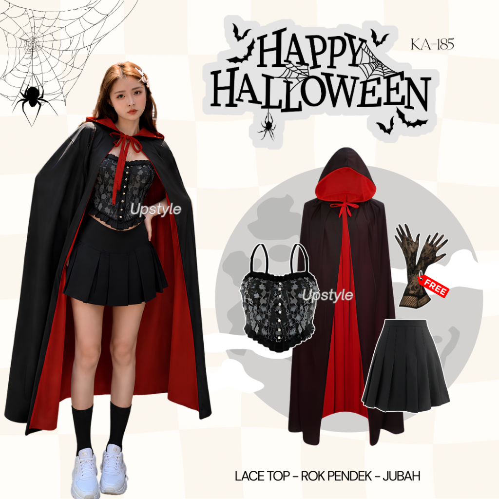 Upstyle - ชุดฮาโลวีนสไตล์เกาหลีเทรนด์ (Gown + กระโปรงสั้น + เสื้อลูกไม้) 3in1 ชุด Horror Dracula คอส