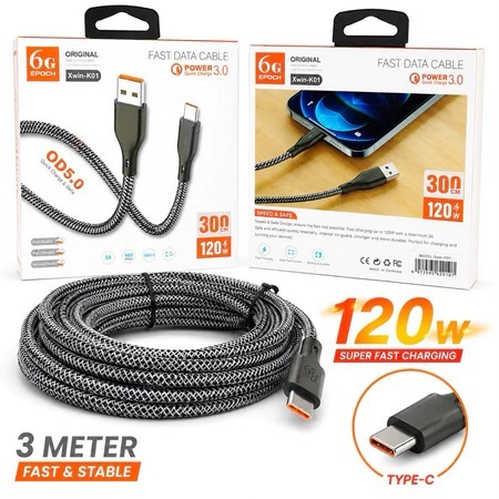 Xwin-K01 120W Data Cable สายชาร์จเร็วยาว 3 เมตร Micro USB Type-C & Lightning คุณภาพสูง