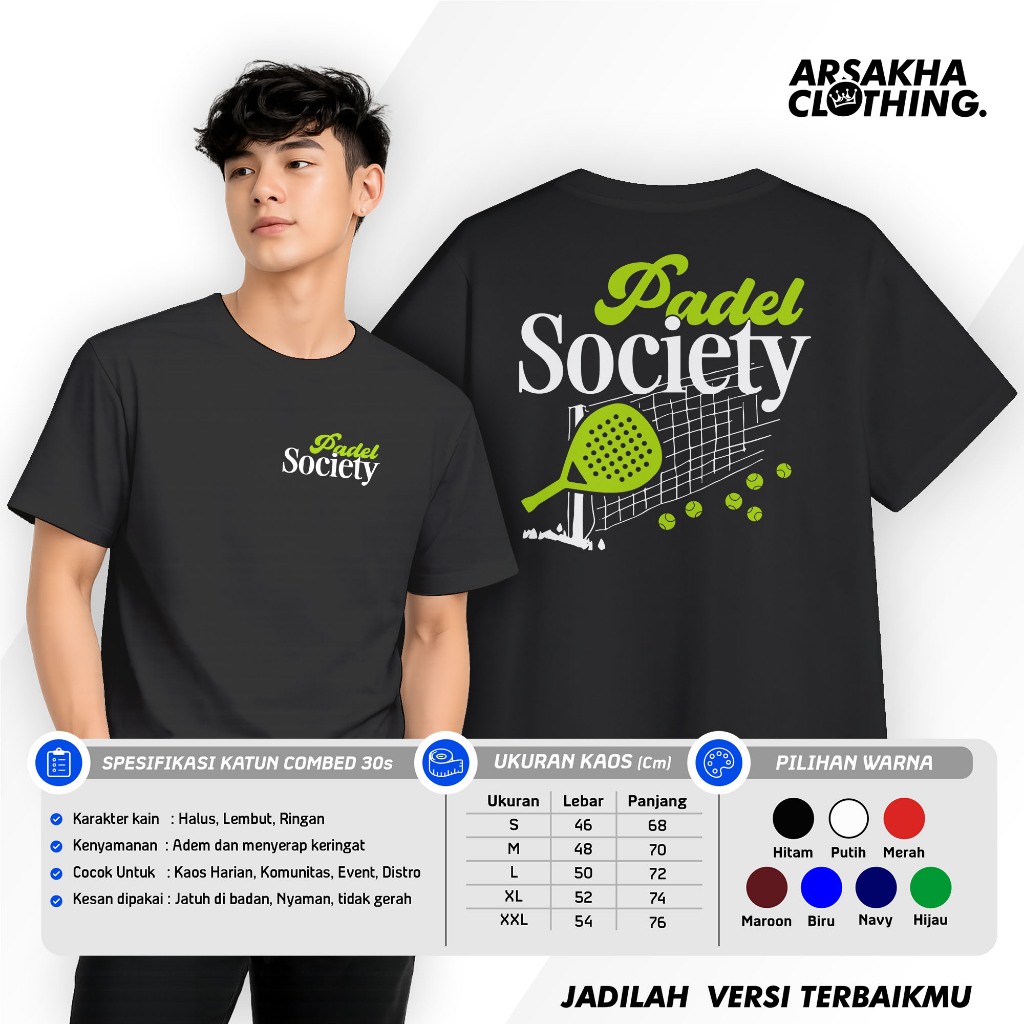 Padel Society เสื้อยืด Padel ชุมชน A4 V2 ผ้าฝ้ายหวี 30s NC DTF หน้าจอการพิมพ์ Arsakha เสื้อผ้า