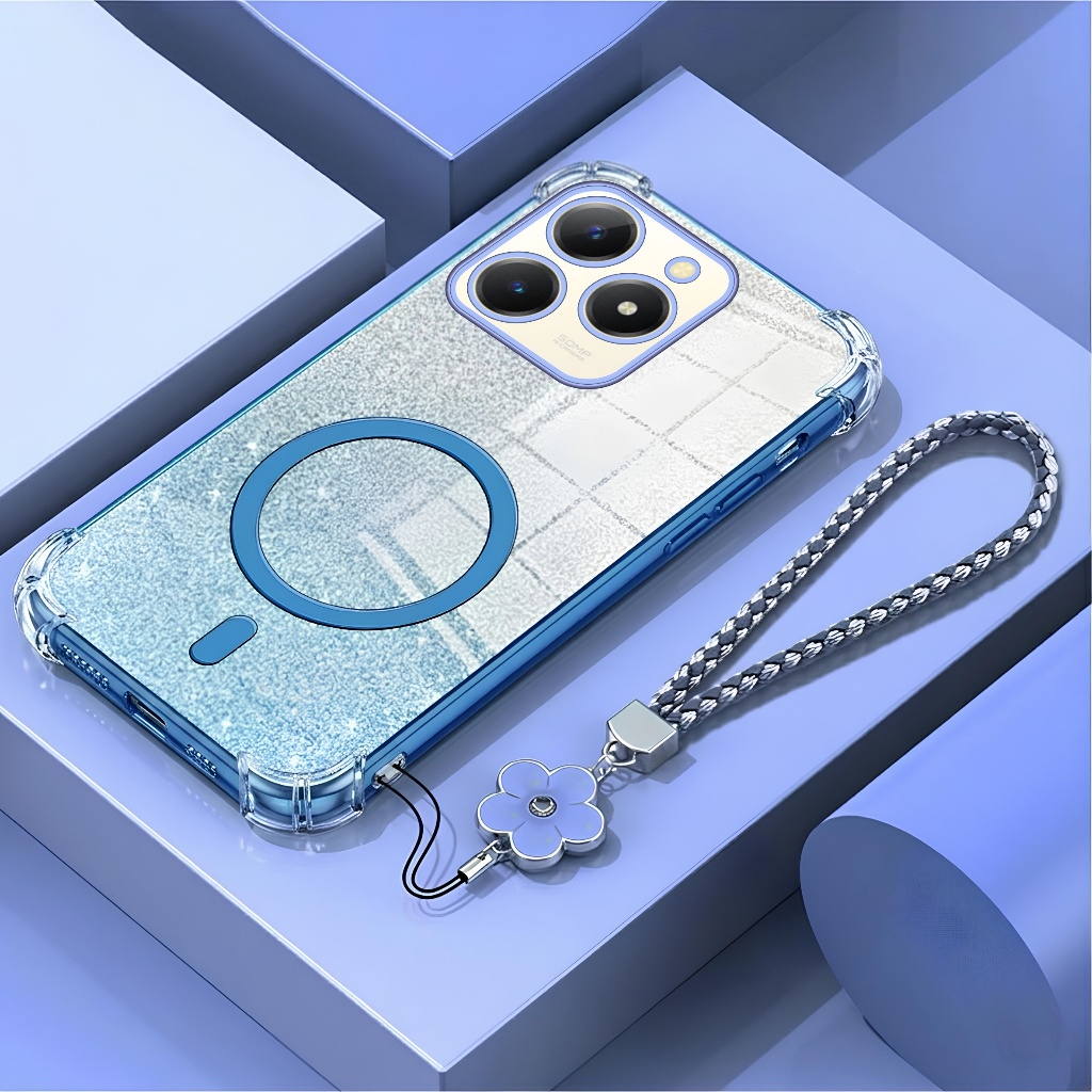Soft Case Realme C63 / C61 Casing Glitter Anti Crack Magnetic Ring Plate Free Flower Strap