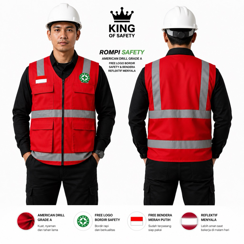 MERAH Safety Vest K3 Field Project Vest วัสดุเจาะอเมริกันสีแดง