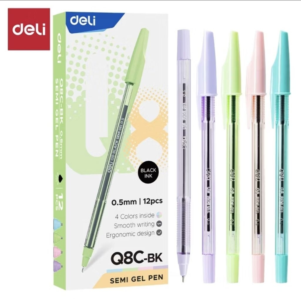 Deli Ballpen Q8C Semi Gel Black ink 0.5 mm พาสเทล (1 แพ็ค มี 12 ชิ้น) / ปากกา Deli Semi Gel Black (ผ