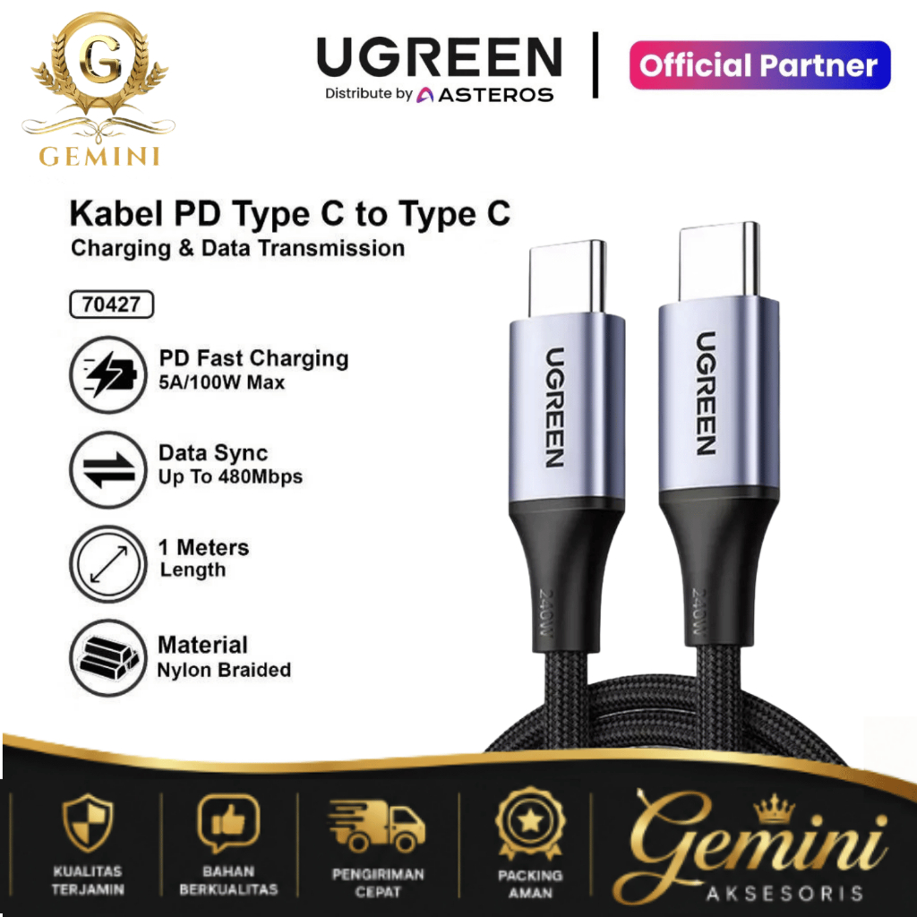 Ugreen สายเคเบิลข้อมูล USB Type C ถึง Type C 5A 100W 1M 70427 สาย iPhone ชาร์จเร็ว