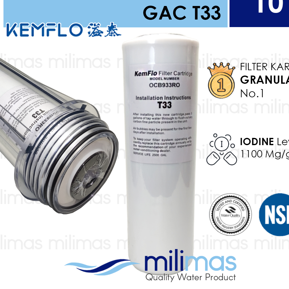 KEMFLO - OCB933RO Filter GAC T33 - เครื่องกรองน้ํา 10 นิ้วเพื่อลดกลิ่นและคลอรีน