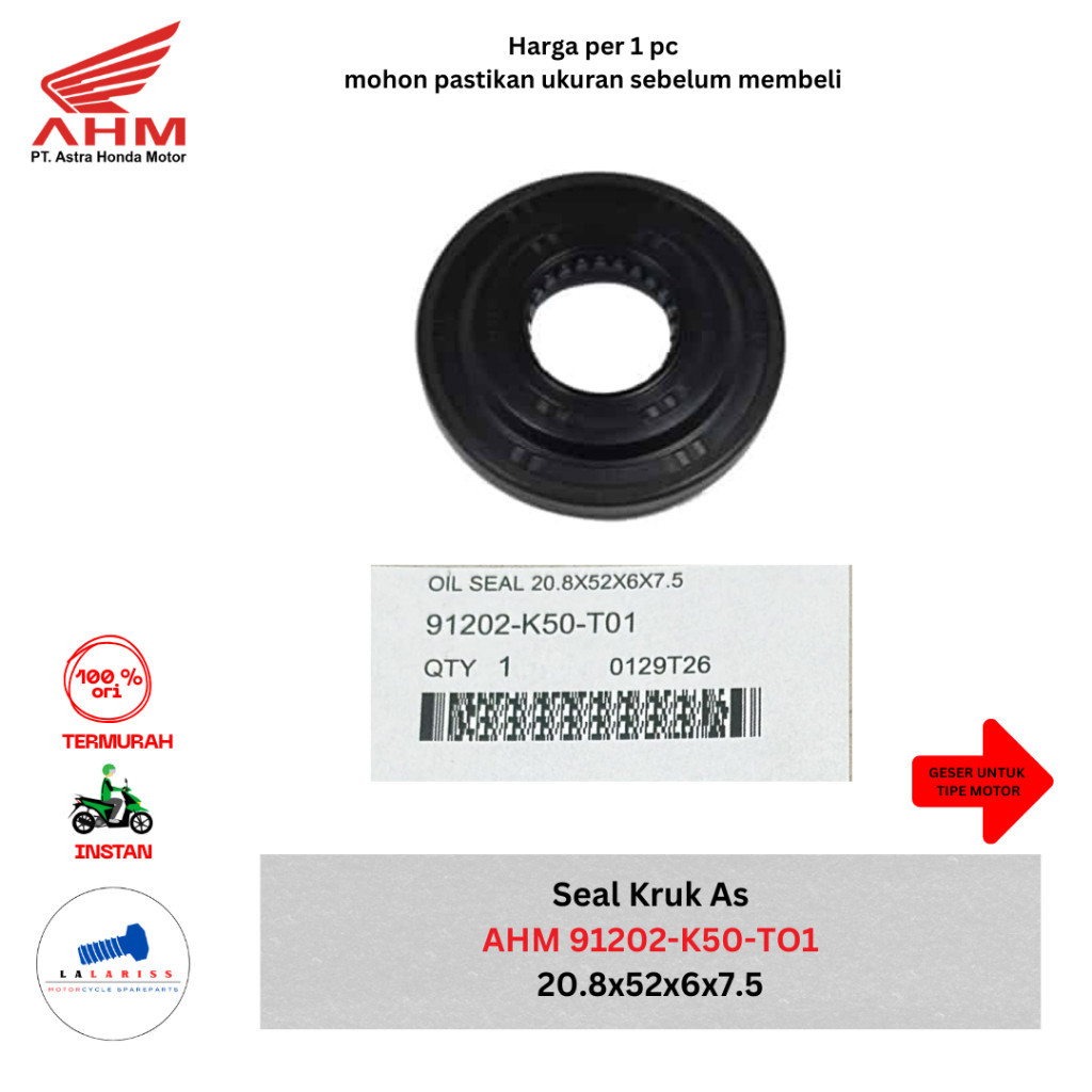 AHM 91202-K50-T01 ซีลเพลาข้อเหวี่ยงซีลน้ํามัน 20.8x52x6x7.5 เดิม