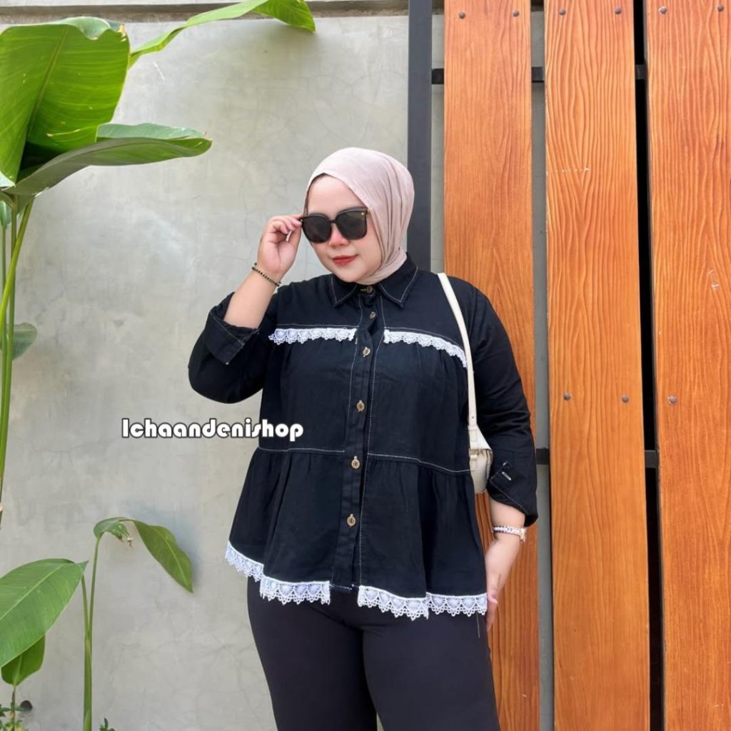 KEMEJA ICH - Amora เสื้อเชิ้ตยีนส์ผู้หญิงขนาดใหญ่ผสมลูกไม้