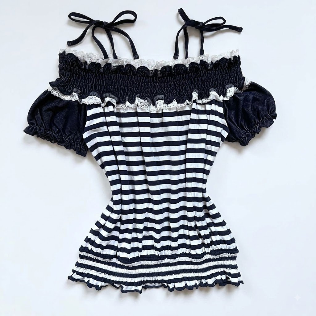 Trralal4 Off Shoulder Puffy Lace Ribbon Gyaru Soft Top | Smock Babydoll dollette บอลลูนแขนริบบิ้นผูก