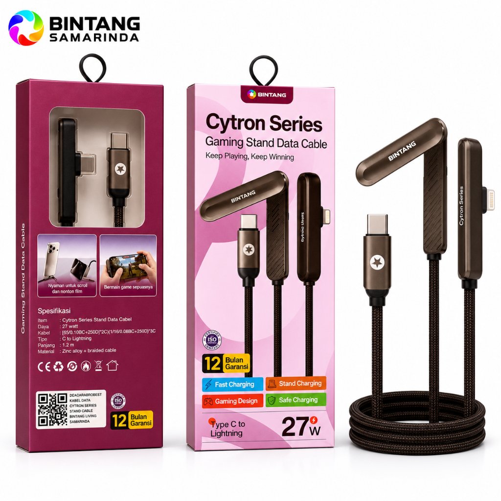 FAST CHARGING CABLE TYPE C TO LIGHTNING BINTANG 1.2M CYTRON GAMING STAND SERIES 27W
