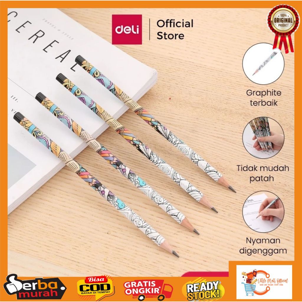 Little Mall ORIGINAL DELI 2B PENCIL BATIK ART MOTIF DELI GRAPHITE PENCIL UNIQUE MOTIF DELI 2B WOODEN