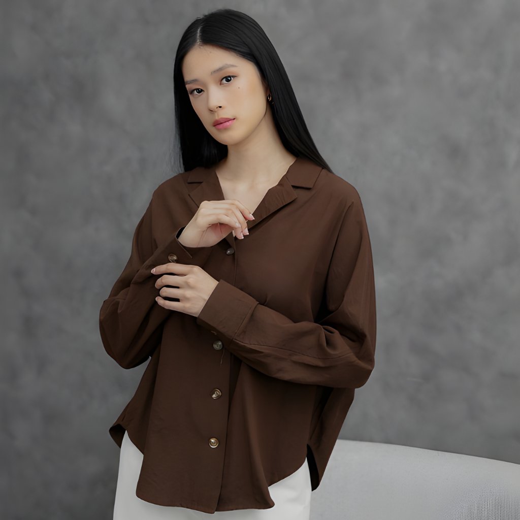 KEMEJA This Is April Ireland Top Womens Long Sleeve Casual Office Shirt Look Dark Brown 10168700