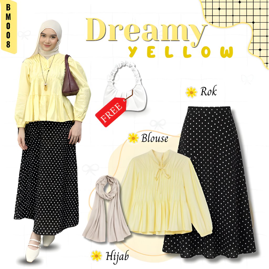One ชุดผู้หญิงโมเดิร์น Hijab 3IN 1 เสื้อ Mirya นุ่มสีเหลือง Polka Dot กระโปรง Pashmina Beige เสื้อยื