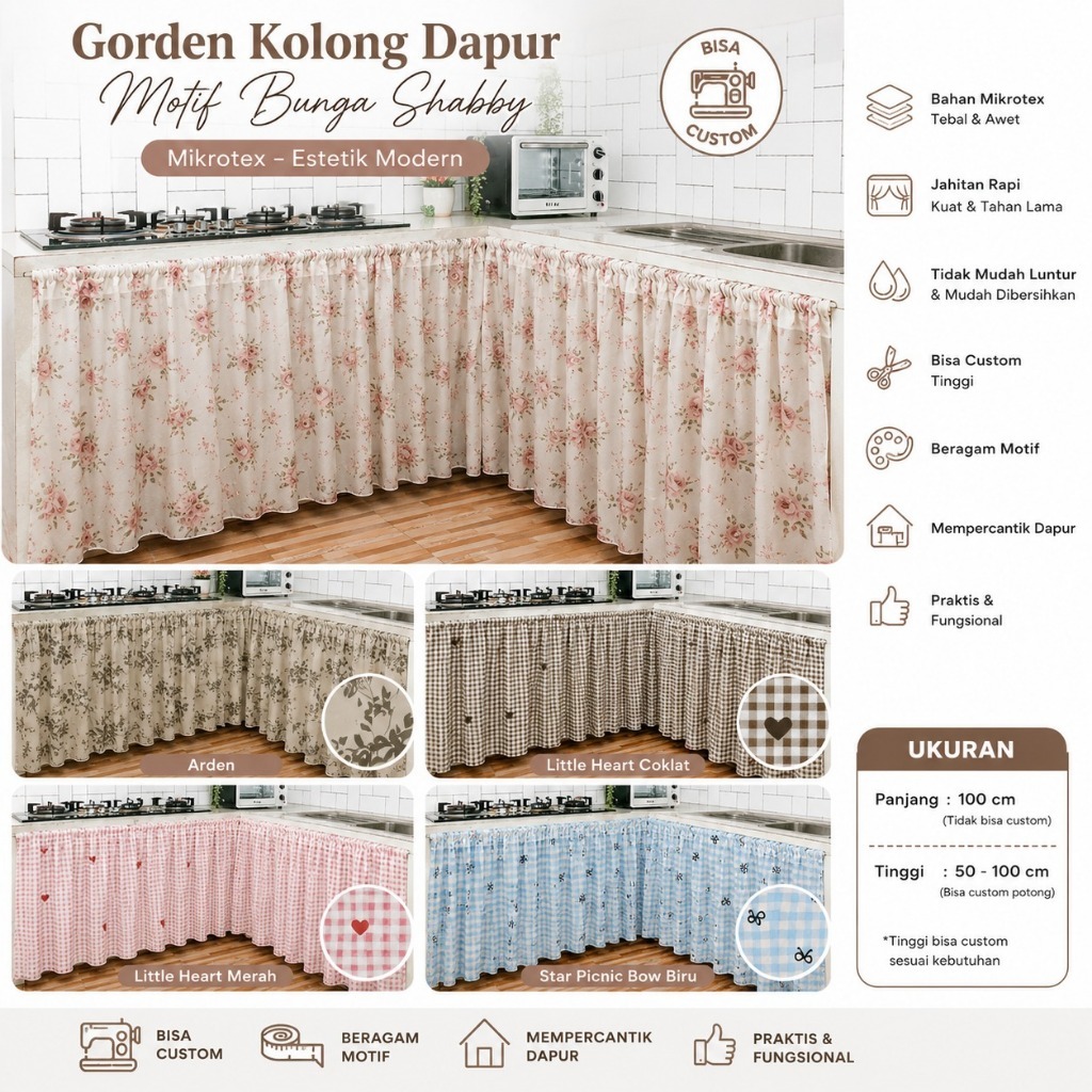 Shabby Microtex Floral Motif Kitchen Under-Door Curtains, Modern Aesthetic, Custom, High Bottom Curt
