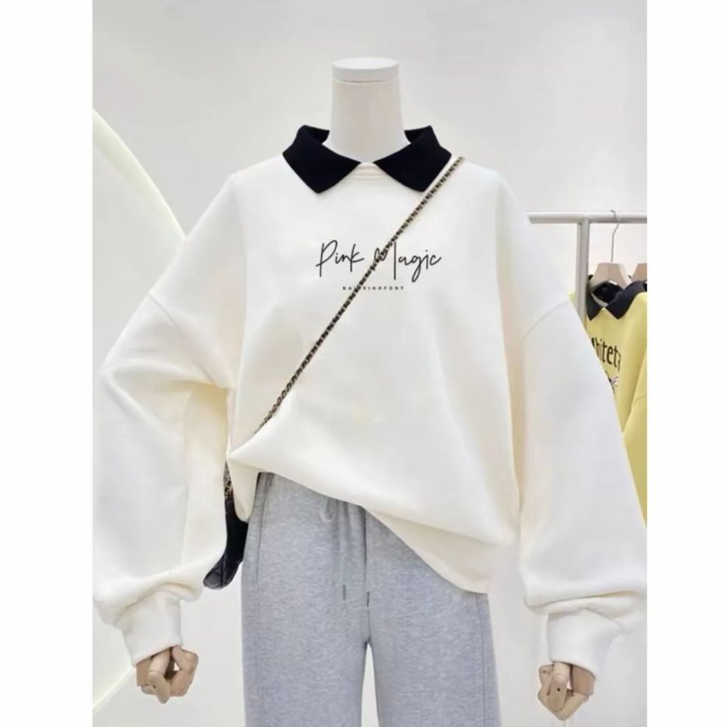 PINK MAGIC COLLAR SWETER COLLAR MOTIF TOP สําหรับผู้หญิง TEENS, ผู้ใหญ่, THICK FLEECE MATERIAL
