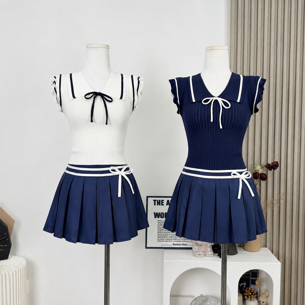 [Hallyu] เสื้อยืดลําลองผู้หญิงเกาหลี Wave On Sleeve Sailor Neck Top | เสื้อยืดคอกลมลําลองลายมินิริบบ