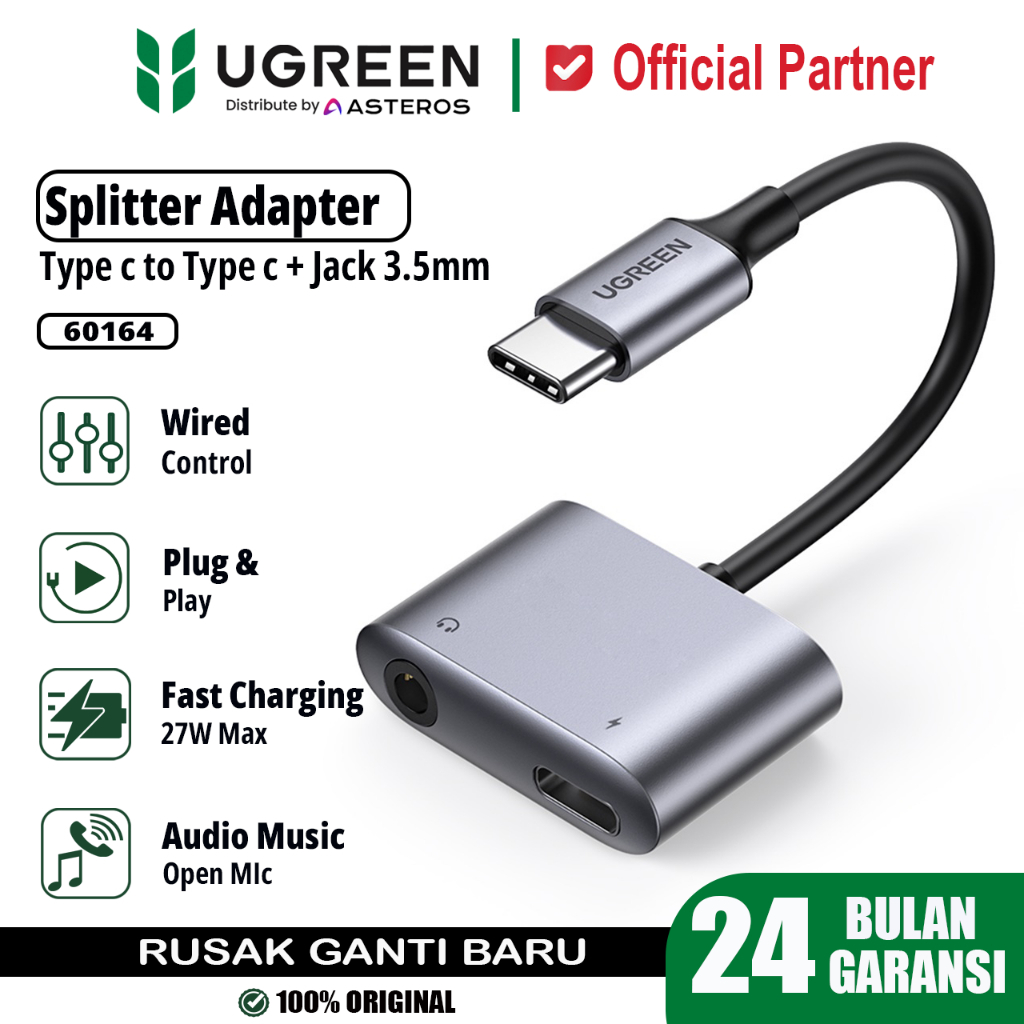 UGREEN Converter Splitter DAC 2 in 1 Dual Jack 3.5 มม. + Type C เปิดไมโครโฟน, โทร, เสียง, ชาร์จเร็ว 