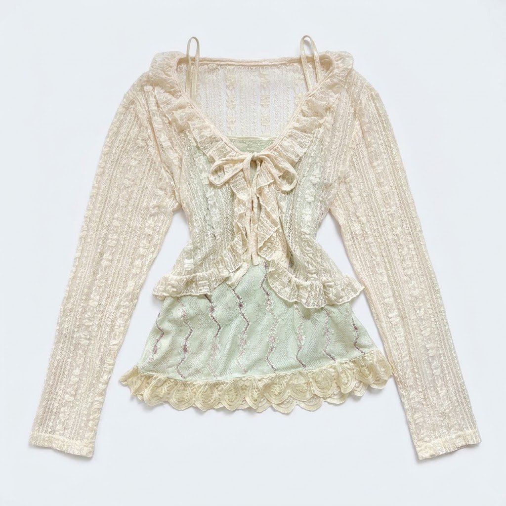 Fairycore Floral Pointelle Lace Front Tie Ruffle คาร์ดิแกน | นุ่มถัก cottagecore bohemian v คอไม่สมม