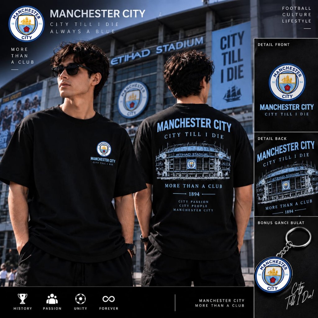 เสื้อยืดแขนสั้น,Hoodie Jumper Zipper + หมวกตาข่ายMANCHESTER CITY ETIHAD STADIUM พรีเมี่ยมหวีผ้าฝ้ายว