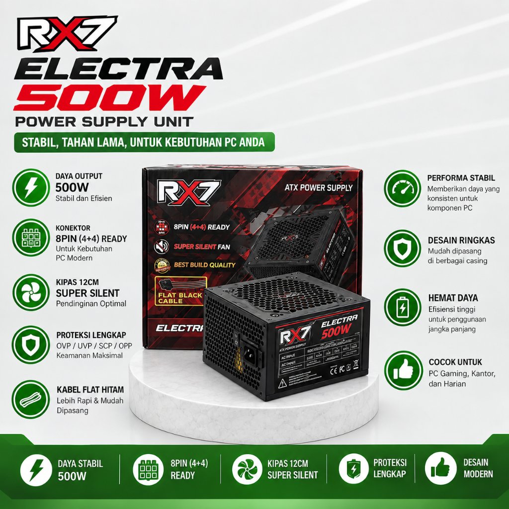 PSU RX7 Electra 500W แหล่งจ่ายไฟ ATX 500 วัตต์ 8 พิน 4+4 คอมพิวเตอร์พีซี