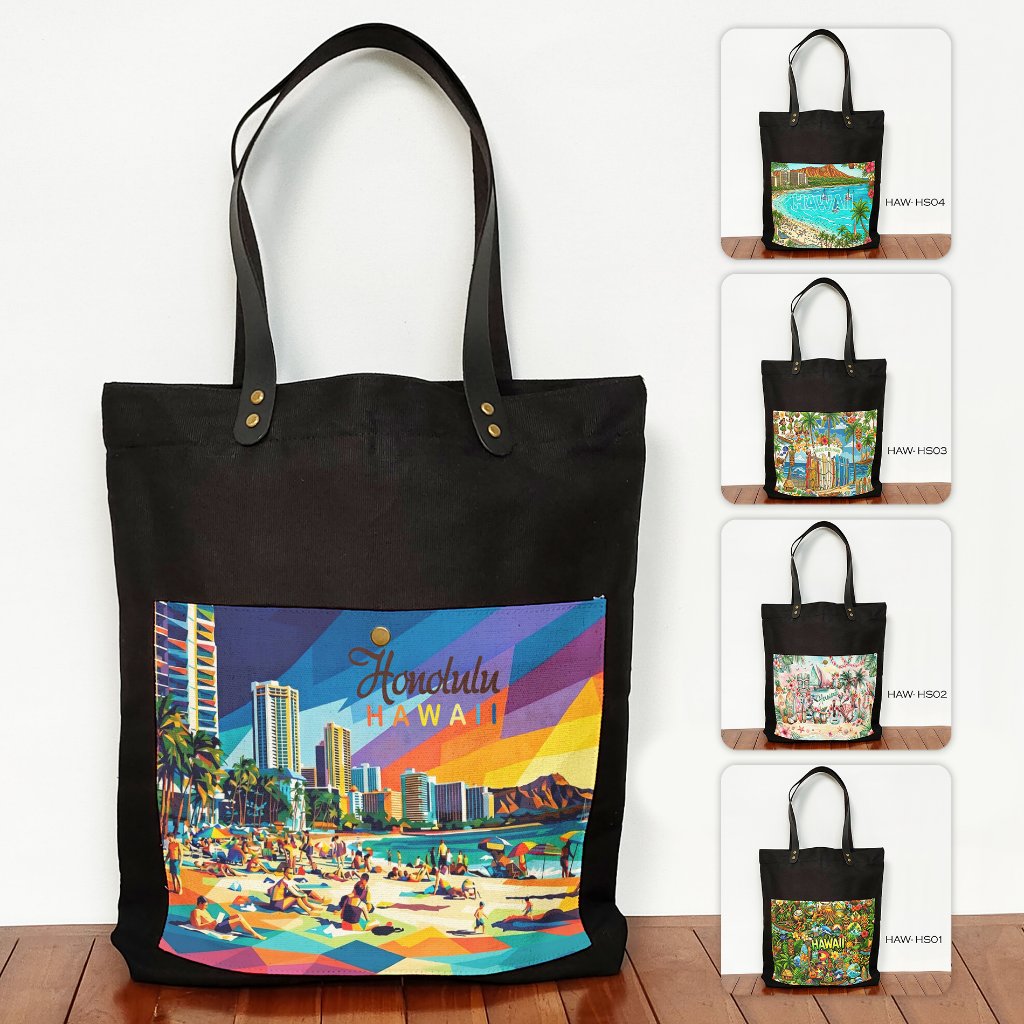 Black Canvas Totebag Hawaiian Pocket Hawaiian ของที่ระลึก Totebag