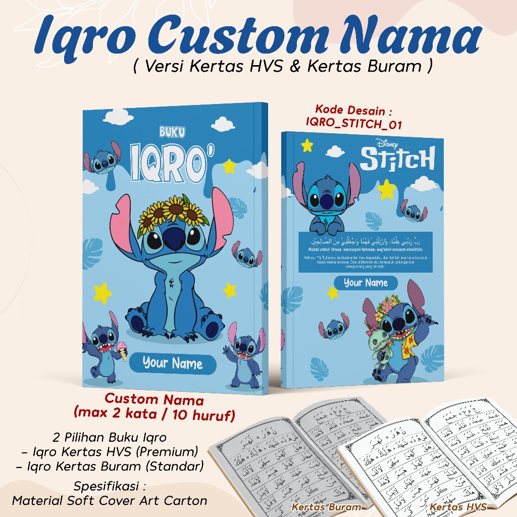 IQRO CHILDREN CUSTOM NAME / IQRO SOFTCOVER สมบูรณ์ IQRO BOOK 1 - 6 GIRL CHARACTER DESIGN STITCH THEM