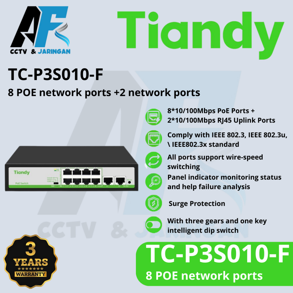 สวิตช์ POE Tiandy TC-P3S010-F 8 พอร์ต + 2 Uplink